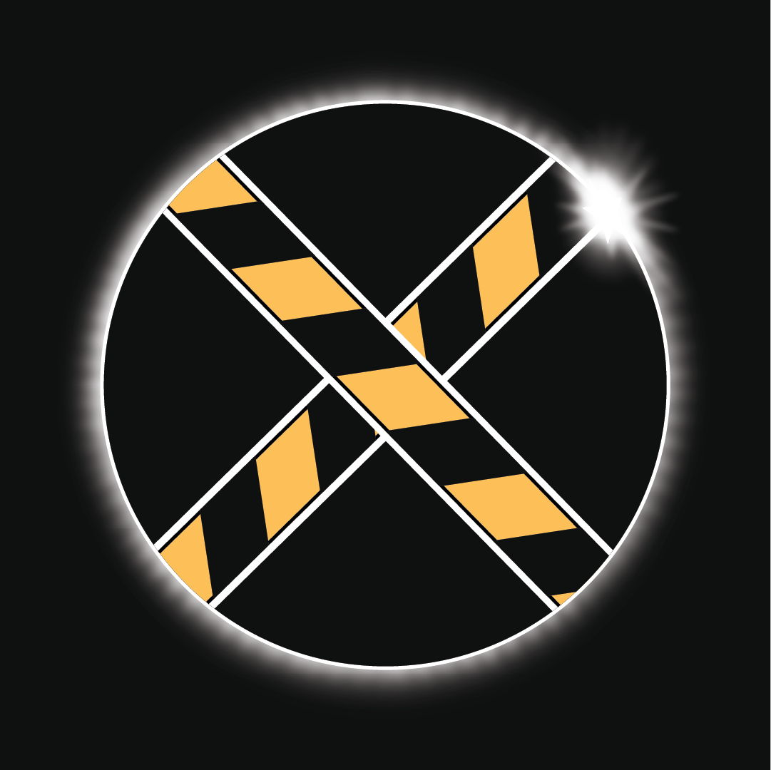 Caution tape crossing over an eclipse graphic in an "x" shape.