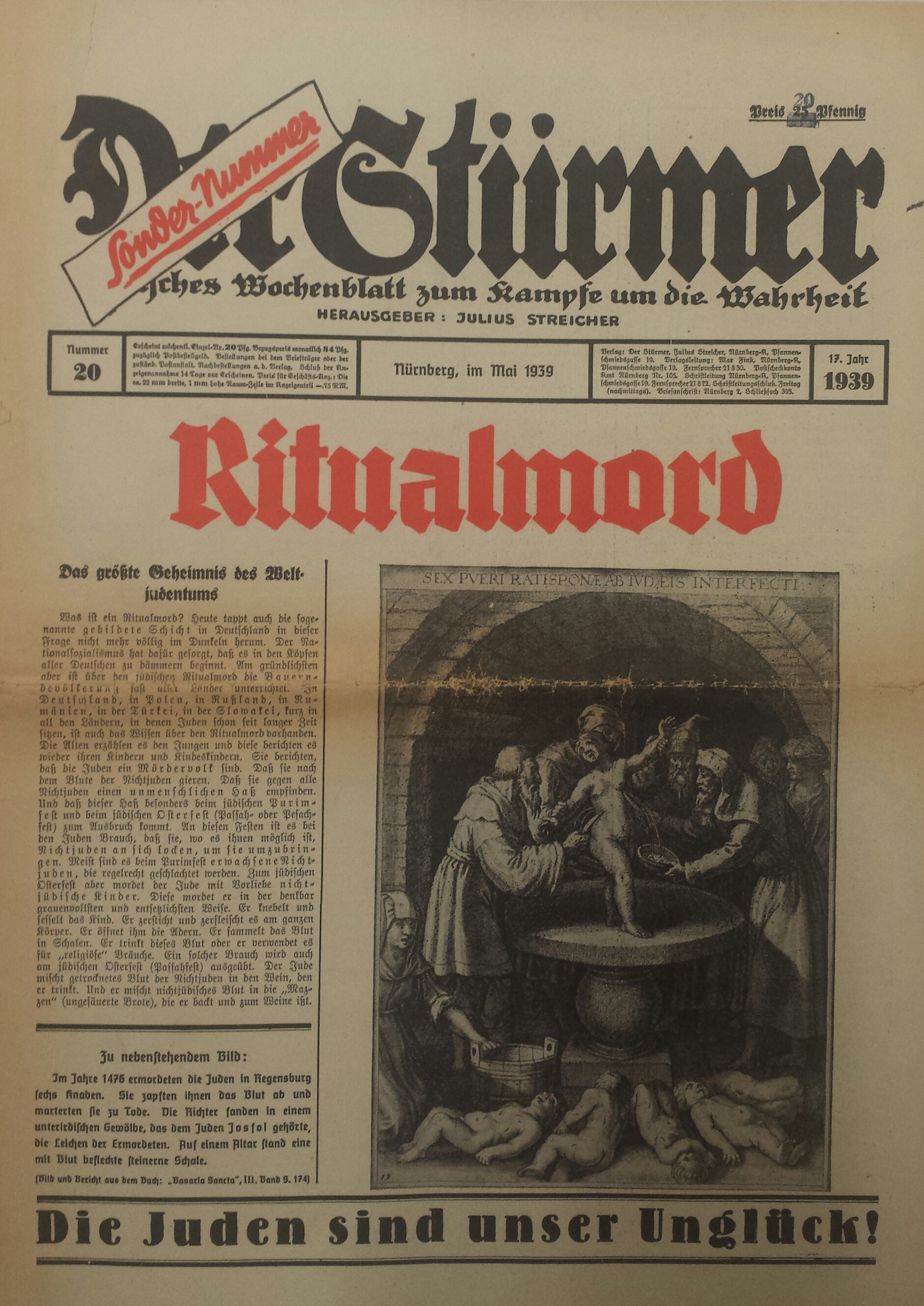 Cover of a 1939 issue of Der Stürmer with the headline “Ritual Murder,”