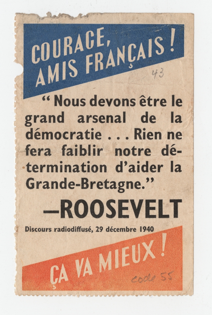 A leaflet with a quote from Roosevelt's speech. Dropped in France on 23-24 and 24-25 February 1941 (WWII Propaganda Collection 0102)