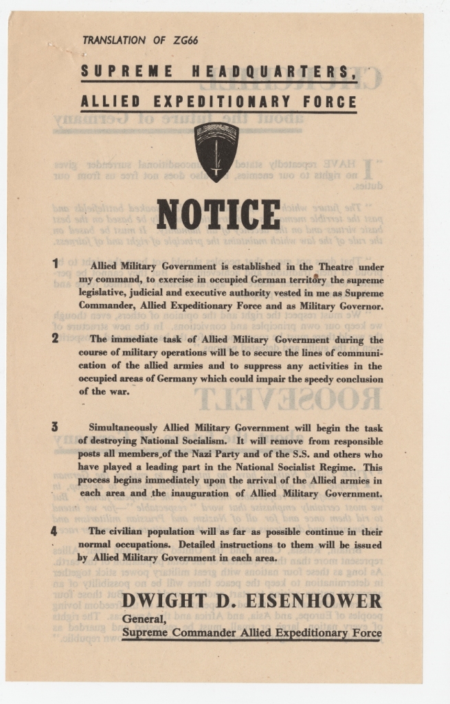 Eisenhower's note on the occupation of Germany. Official translation. Dropped 18-19 September 1944 to 18 January 1945 (WWII Propaganda Collection 0554).