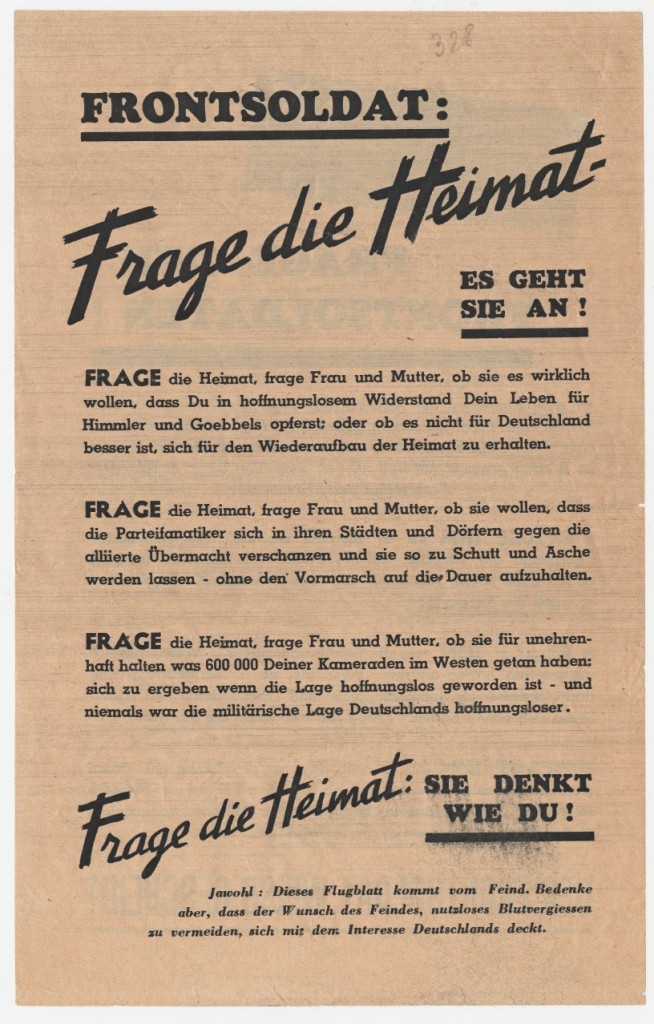 The surrender leaflets. The German original (middle) and official English translation. Dropped in Germany from 31 October to 14-15 February 1945 (WWII Propaganda Collection 0559-0560).