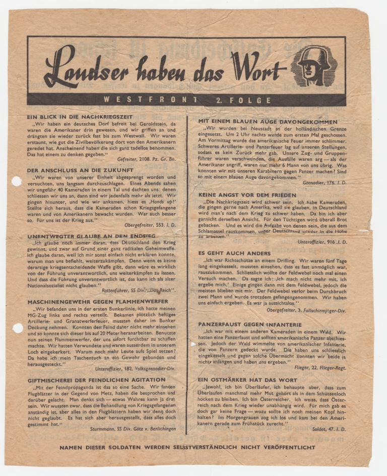 Quotes from interviews with German POWs. Dropped from 2-3 December 1944 to 5-6 February 1945 (WWII Propaganda Collection 0564).