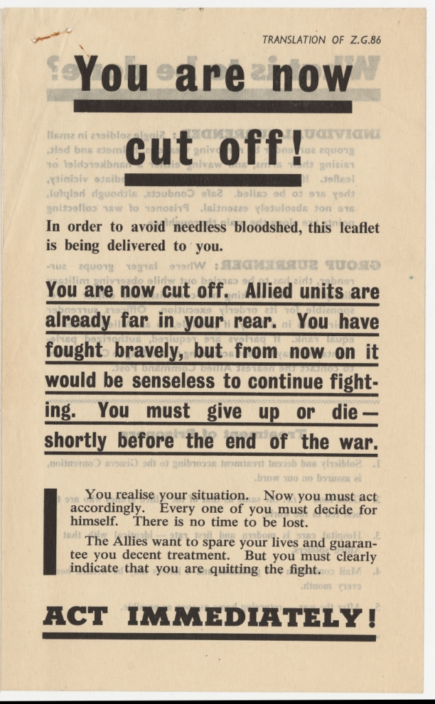 Surrender leaflet (German original and English translation). Was not disseminated. 1944 (WWII Propaganda Collection 0566).