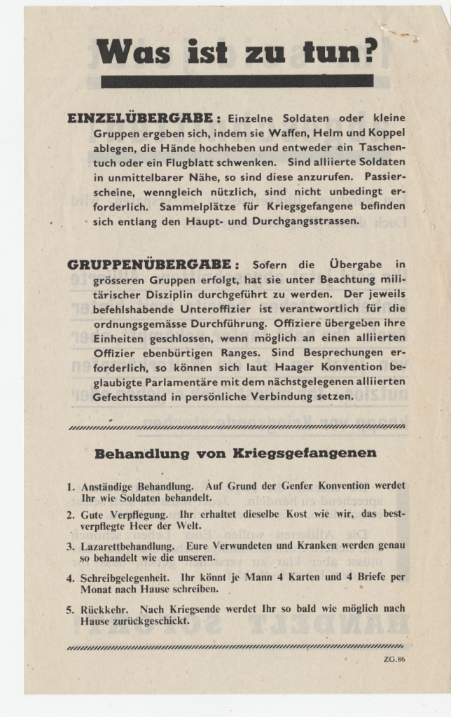 Surrender leaflet (German original and English translation). Was not disseminated. 1944 (WWII Propaganda Collection 0566).