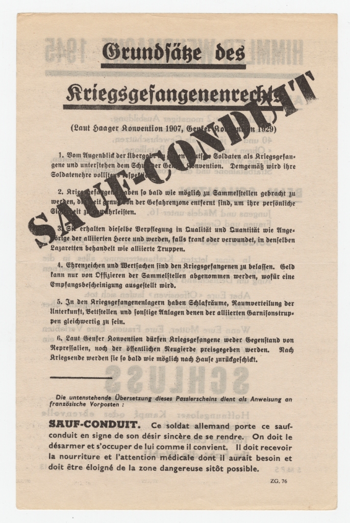 Safe Conduct (texts in Germna and French). Dropped from 15-16 November to 23-24 December 1944 (WWII Propaganda Collection 0561).