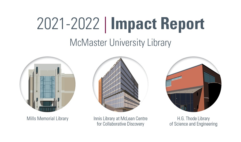 Digital illustrations of Mills library, Thode library, and the McLean Centre for Collaborative Discovery can be seen. Text reads: 2021-2022 Impact Report. McMaster University Library.