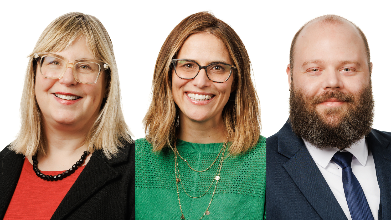 Headshots of Helen Kula, left, Lynne Serviss, centre, and Casey Hoeve can be seen. Helen has shoulder-length blonde hair and wears glasses. Lynne has shoulder-length brown hair and wears glasses. Casey has short brown hair and a brown beard.  