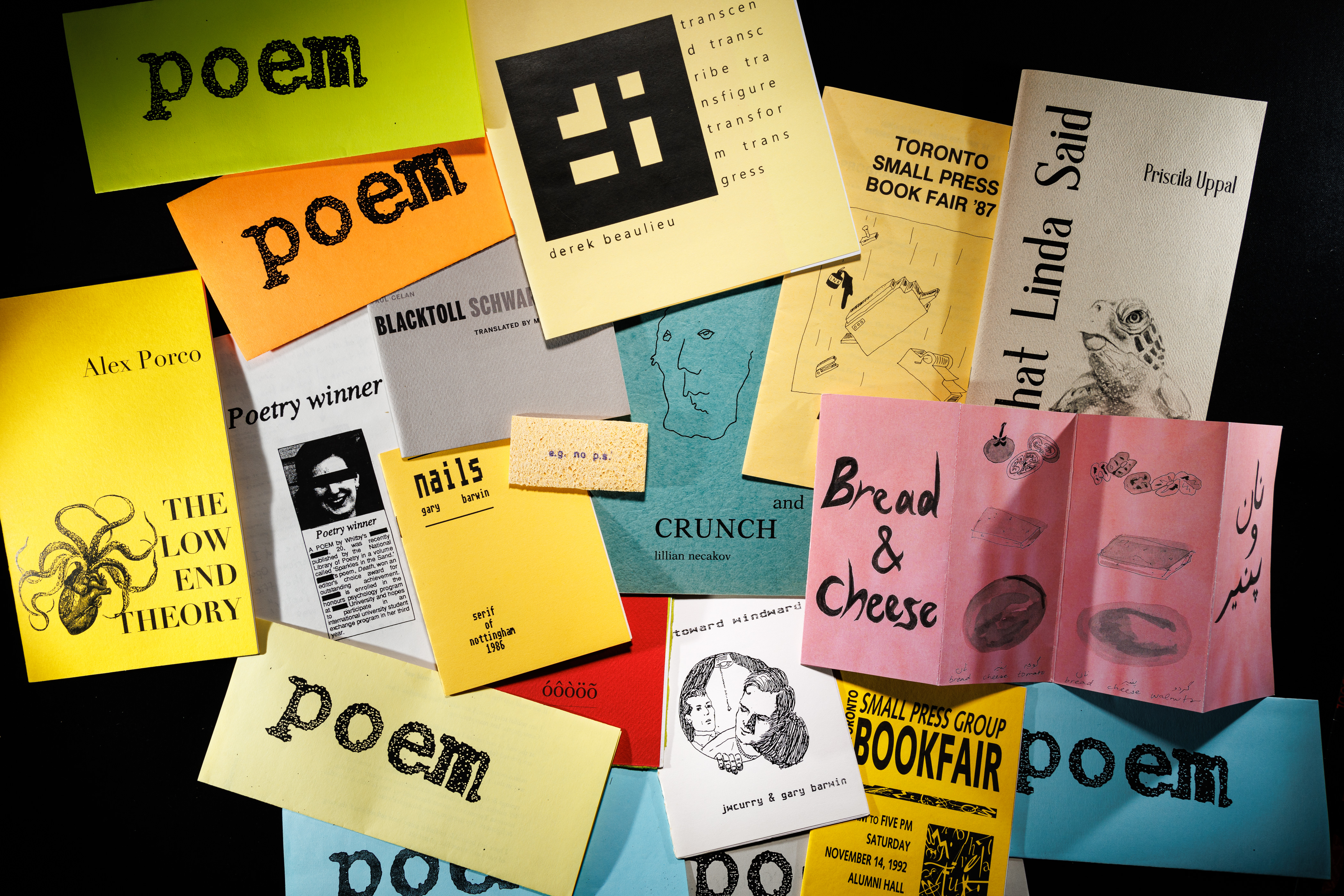 A selection of items from the Gary Barwin Collection of Chapbooks, Broadsides, and Literary Periodicals at McMaster University Library can be seen. Photo by Ron Scheffler.