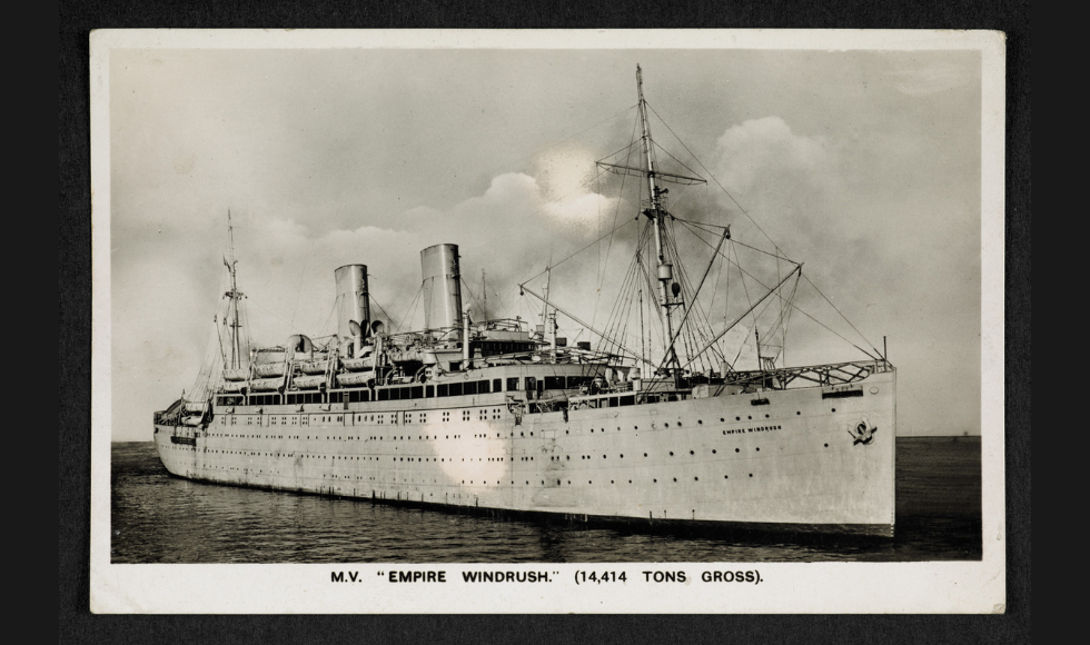 A postcard featuring a black and white illustration of the Empire Windrush ship. 