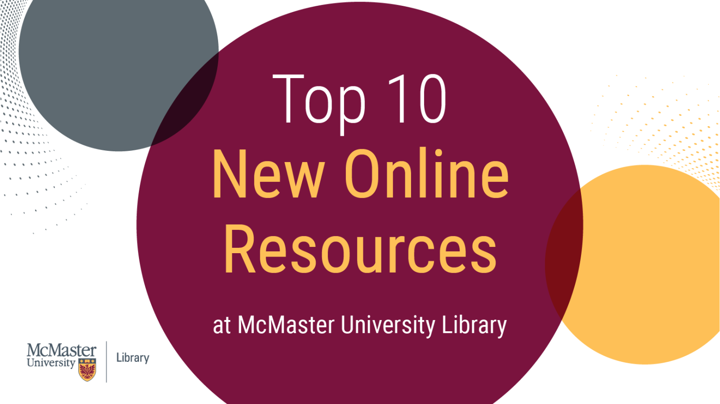 Maroon, Yellow, and Grey circles can be seen along with the McMaster University Library logo. Text reads: Top 10 New Online Resources at McMaster University Library.