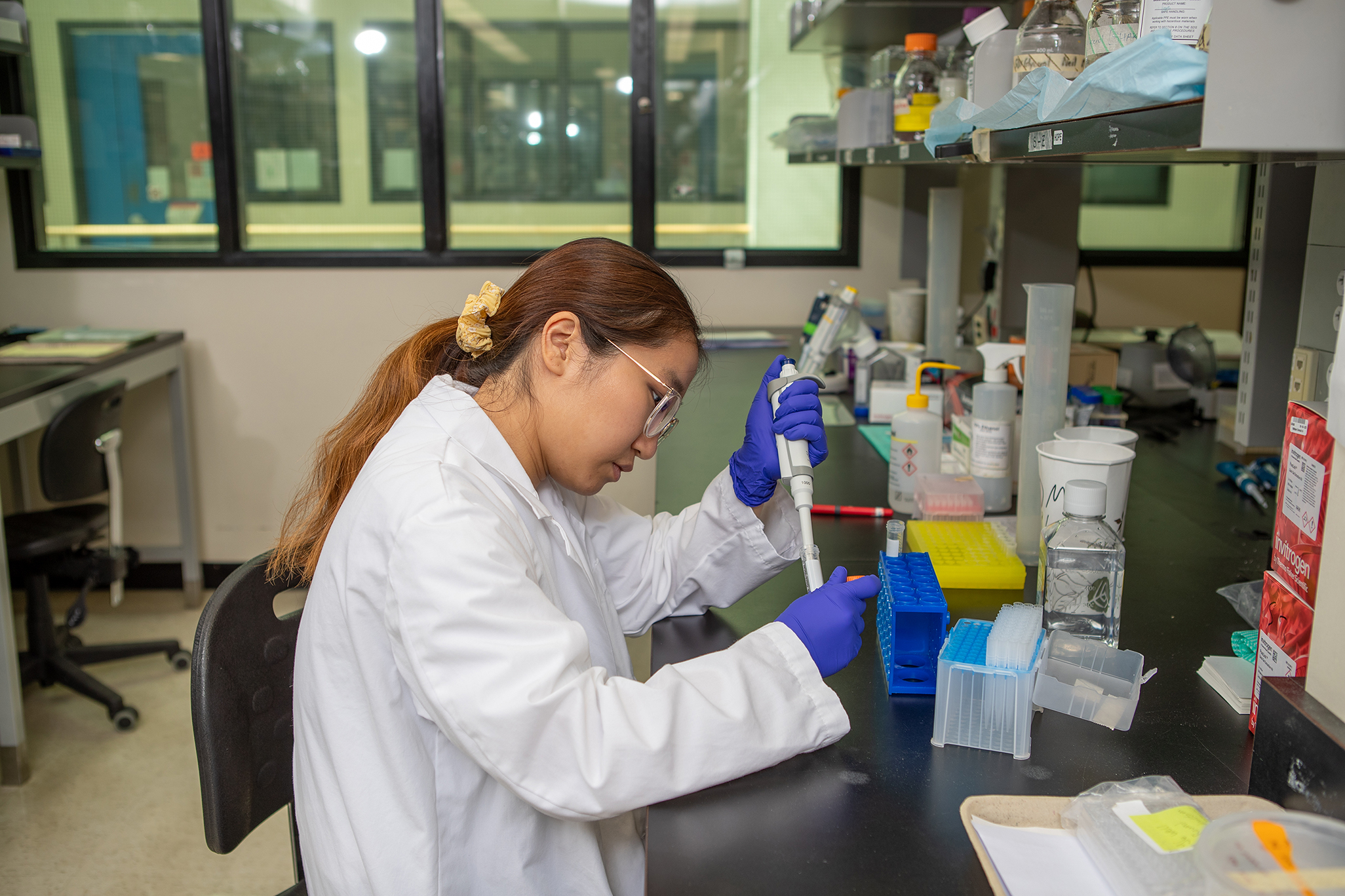 A researcher wearing a long white lab coat with long brown hair tied back in a ponytail uses a pipette in a lab. 