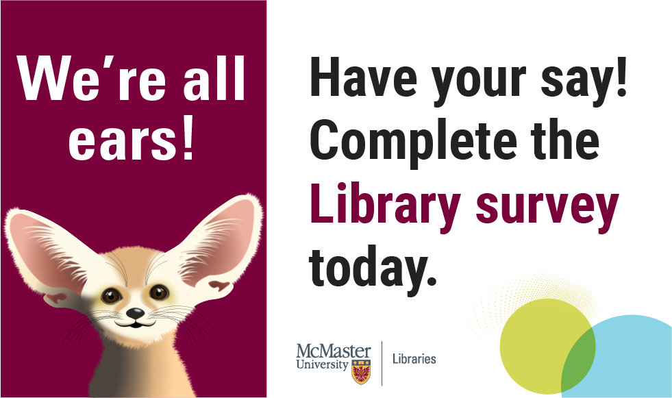 Promotional graphic for library survey. Text reads: We're all ears! Have your say! Complete the library survey today. 