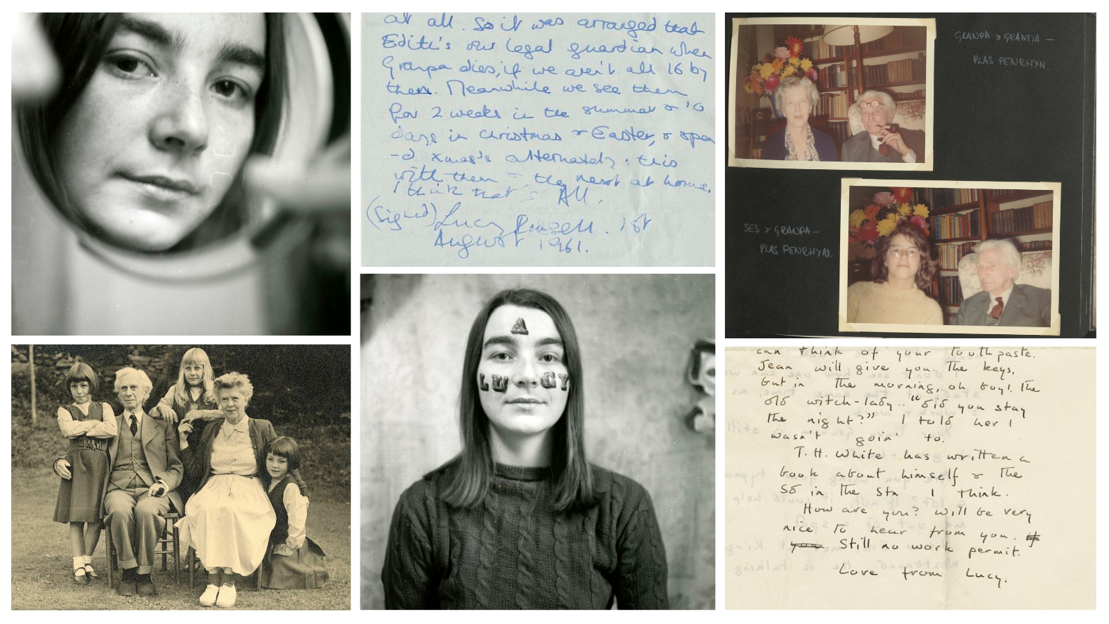 A collage of black and white photos of Lucy Catherine Russell and handwritten notes created by her. 