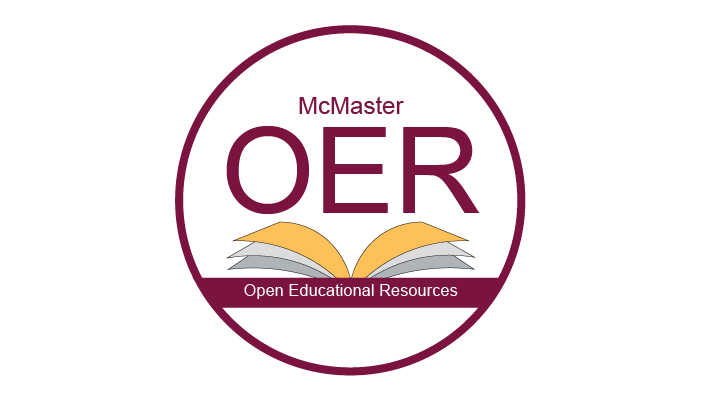 Illustration for the OER grant program showing an open book with yellow pages inside a maroon circle with maroon text. Text reads: McMaster OER Open Educational Resources.