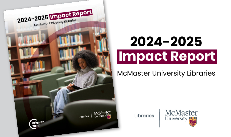 Promotional graphic for the impact report. Cover of report is shown featuring a student with black curly hair sitting wearing a grey sweater and jeans sitting in a chair reading in a room lined with bookshelves featuring ornate, older volumes. Text on graphic reads: 2024-2025 Impact Report, McMaster University Libraries. 