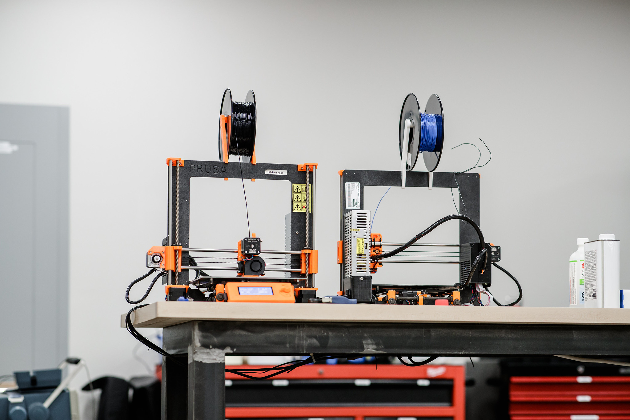 Two Prusa 3D printers in the Thode Makerspace.
