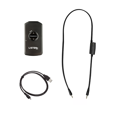 Assistive Listening Device kit includes personal receiver, neck loop lanyard and USB to micro USB charging cable.