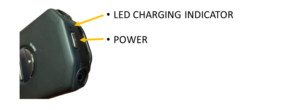 Assistive Listening Device diagram: Arrow pointing to a button on the top of the ALD reads "power."  Arrow pointing to an LED light on the top of the ALD reads "LED charging indicator."