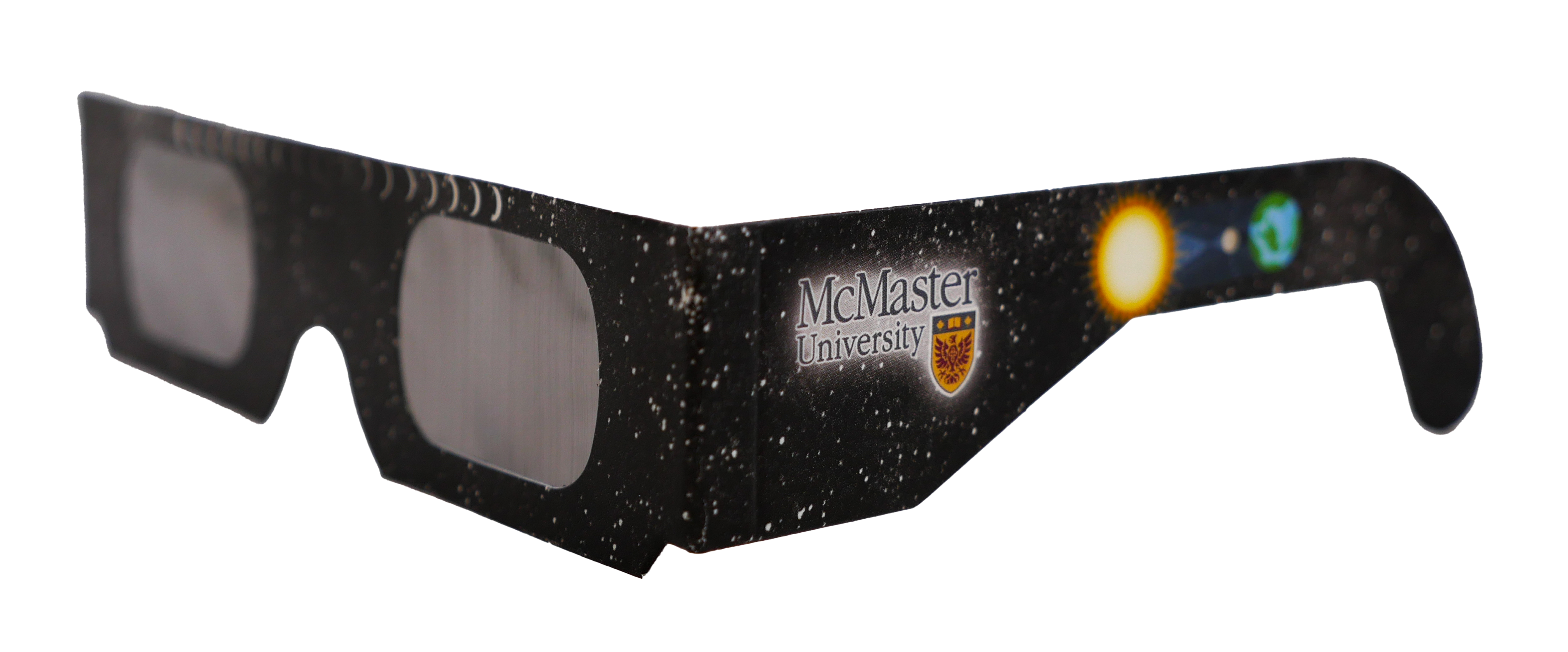 Solar eclipse glasses with an illustration of the moon getting between the earth and sun, as well as the McMaster University logo.