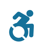 An accessibility icon showing a wheelchair user, leaning forward and in motion.