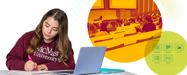 Student studying with stylized images of a lecture hall and Echo360 polling options surrounding them.
