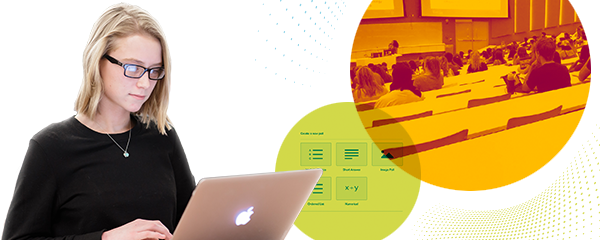 Student studying with stylized images of a lecture hall and Echo360 polling options surrounding them.