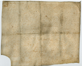 Rectangular handwritten document on vellum with semi-circular portion removed from bottom left