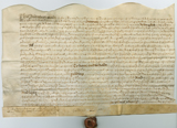 Rectangular handwritten document with seal at bottom and scalloped edge at top