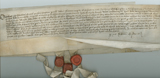 Rectangular handwritten document with three seals at bottom