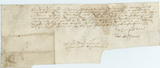  Handwritten vellum document with rectangular portion cut out of lower right