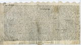 Handwritten vellum document with scalloped edge at top