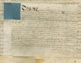Handwritten vellum document with square blue tax stamp at top left