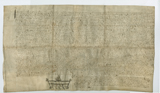 Handwritten vellum document with pen and ink motif at bottom