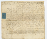 Handwritten vellum document with blue square tax stamp at left