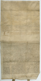 Long handwritten vellum document with two pulls of enclusre or seal tags at bottom