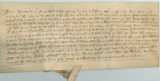 Handwritten vellum document with seal tag at bottom