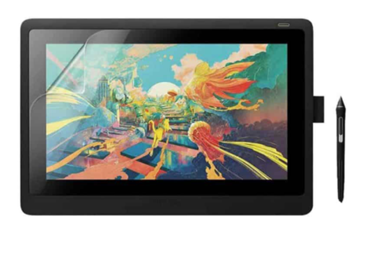 Wacom Cintiq drawing tablet with a colorful display and a stylus resting on the side
