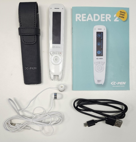 A white electronic device (c-Pen Reader)  and a black strap. The image also includes headphones, a cable and manual.