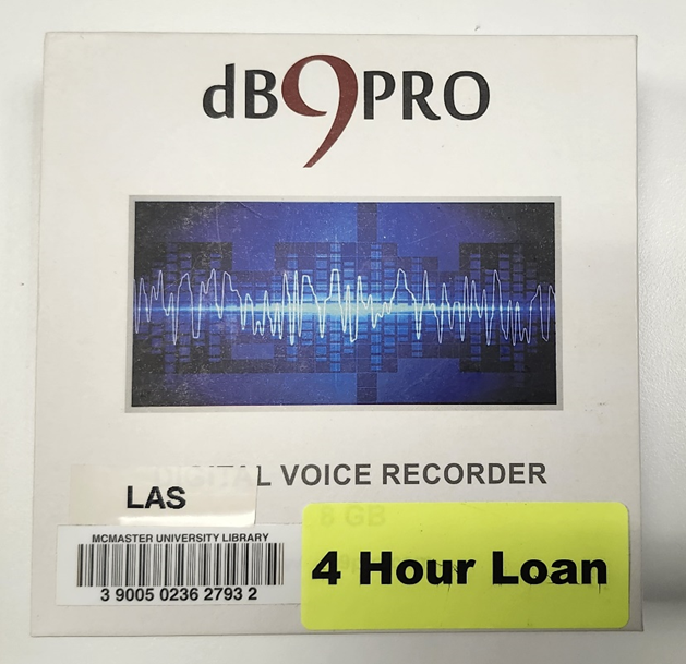 The front cover of a dB9PRO digital voice recorder box, featuring a blue soundwave graphic and McMaster University Library LAS labels with a yellow 4 Hour Loan sticker