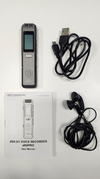 A voice recorder kit containing a dBR-D1 Voice Recorder (model dB9PRO), USB charging and data cable, wired earbuds, and user manual on a white surface