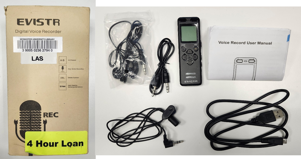 EVISTR digital voice recorder kit with recorder, earbuds, USB cable, audio cable, user manual, and product box labeled for a 4-hour loan from McMaster University Library