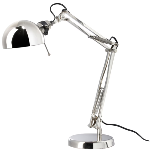A silver IKEA desk lamp with an adjustable arm