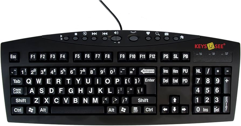 Keys-U-See accessible keyboard with large white high-contrast keycaps on a black base, designed for visually impaired users. Connects via USB cable