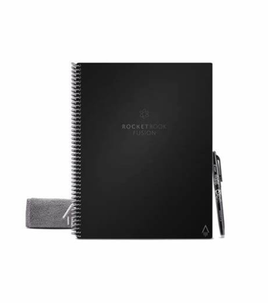 A black Rocketbook Fusion notebook with a pen