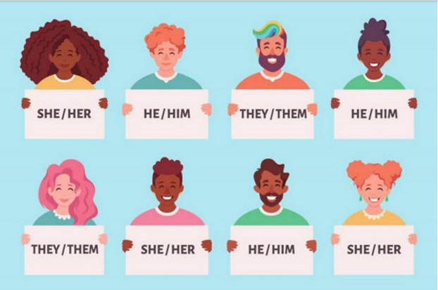 8 individuals holding signs indicating their pronouns - she/her, he/him, they/them, he/him, they/them, she/her, he/him, she/her.