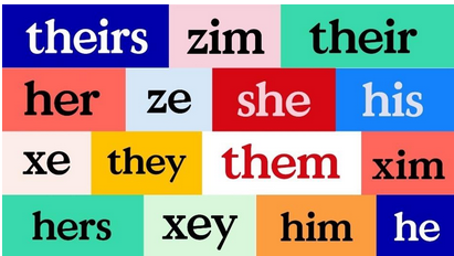 Colourful squares each containing a different pronouns - theirs, zim, their, her, ze, she, his xe, they, them, xim, hers, xey, him, he.