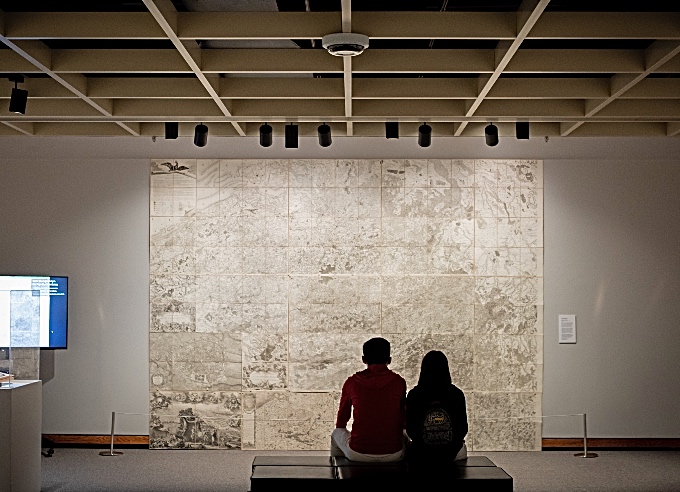 A large scale map of the Austrian Netherlands produced during the Napoleonic era hangs in the McMaster Museum of Art.