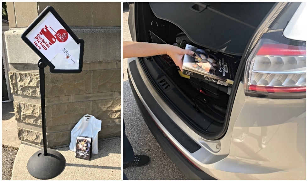 Image of designated pick-up location by the loading docks of Mills Library. Images of staff placing books into the trunk of a car.