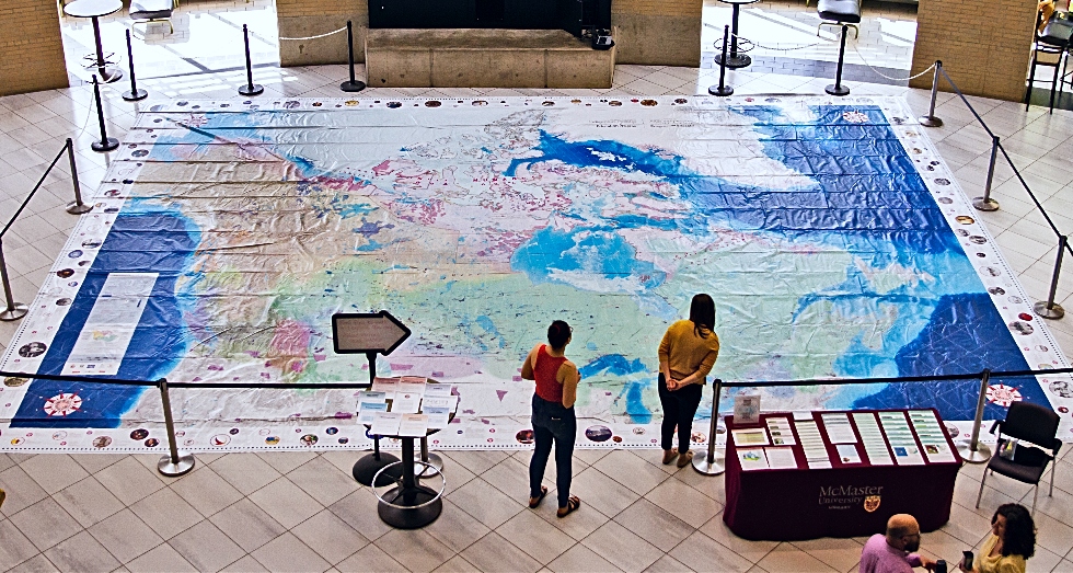 The 11 x 8 metre Indigenous Peoples Atlas of Canada Giant Floor Map, created by Canadian Geographic, is on display in MUSC Marketplace