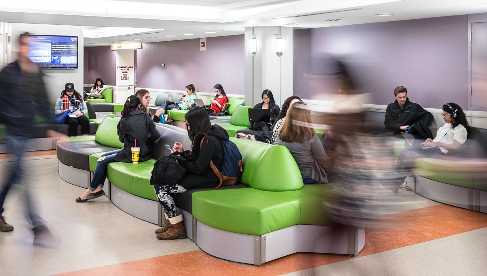 The first floor lobby seating area in McMaster University's Mills Library.